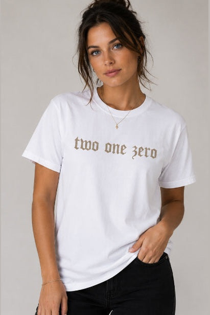 White short sleeve crew neck t-shirt front with brownish-beige two one zero print