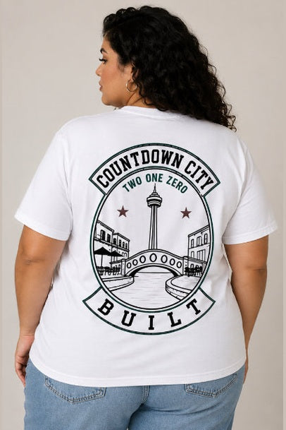 White plus-size Countdown City Built tee back graphic with San Antonio tower and bridge design