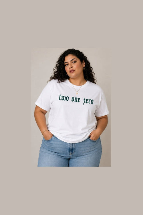 Plus-size women's white two one zero t-shirt front view with stylized green typography