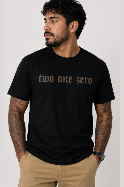 Men's black short sleeve crew neck shirt with stylized two one zero chest print