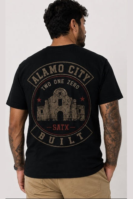Men's black Alamo City Built tee back featuring circular Texas heritage graphic