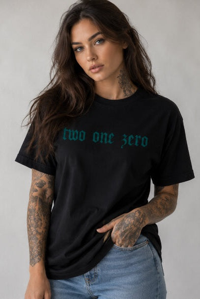 Women's black short sleeve crew neck shirt with teal two one zero text